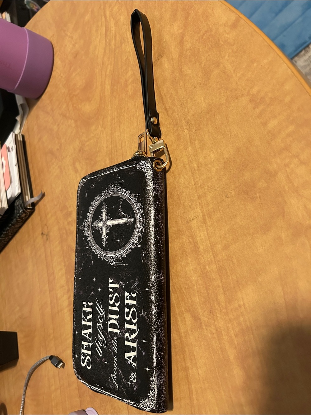 Skullette Black Graphic Wristlet Clutch with Gold Hardware